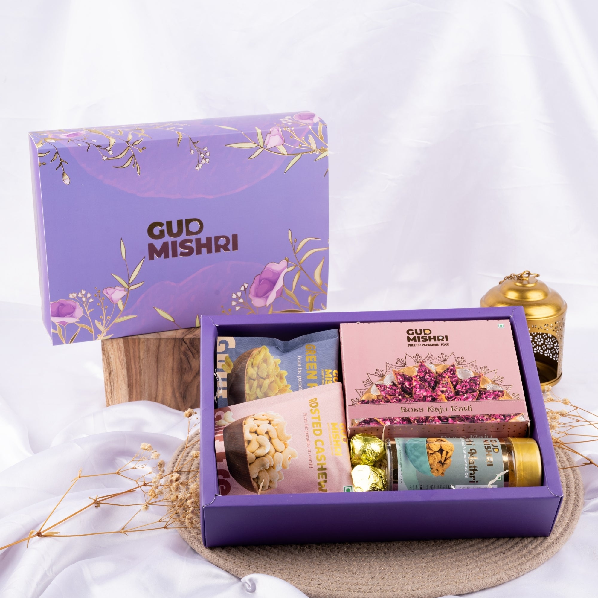 Gud Mishri Diwali Gift Hamper - AP01 | Rose Kaju Katli MAP Box 200gm, Methi Mathri 100gm, Kaju pouch 70gm, Kismis pouch 70gm, Chocolate 25gm| Premium Festive Gift Box - Gud Mishri