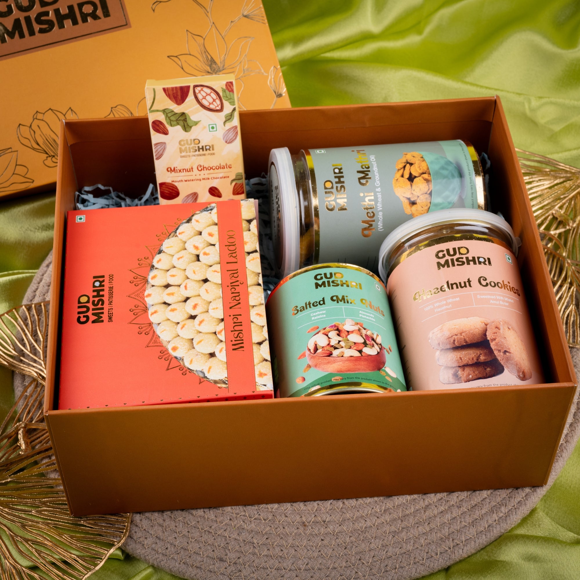 Dry Fruit Gifting Combo | Nariyal Laddo, Salted Mix Nuts, Hazelnut Cookies, Methi Mathri, Chocolate Bar - Gud Mishri