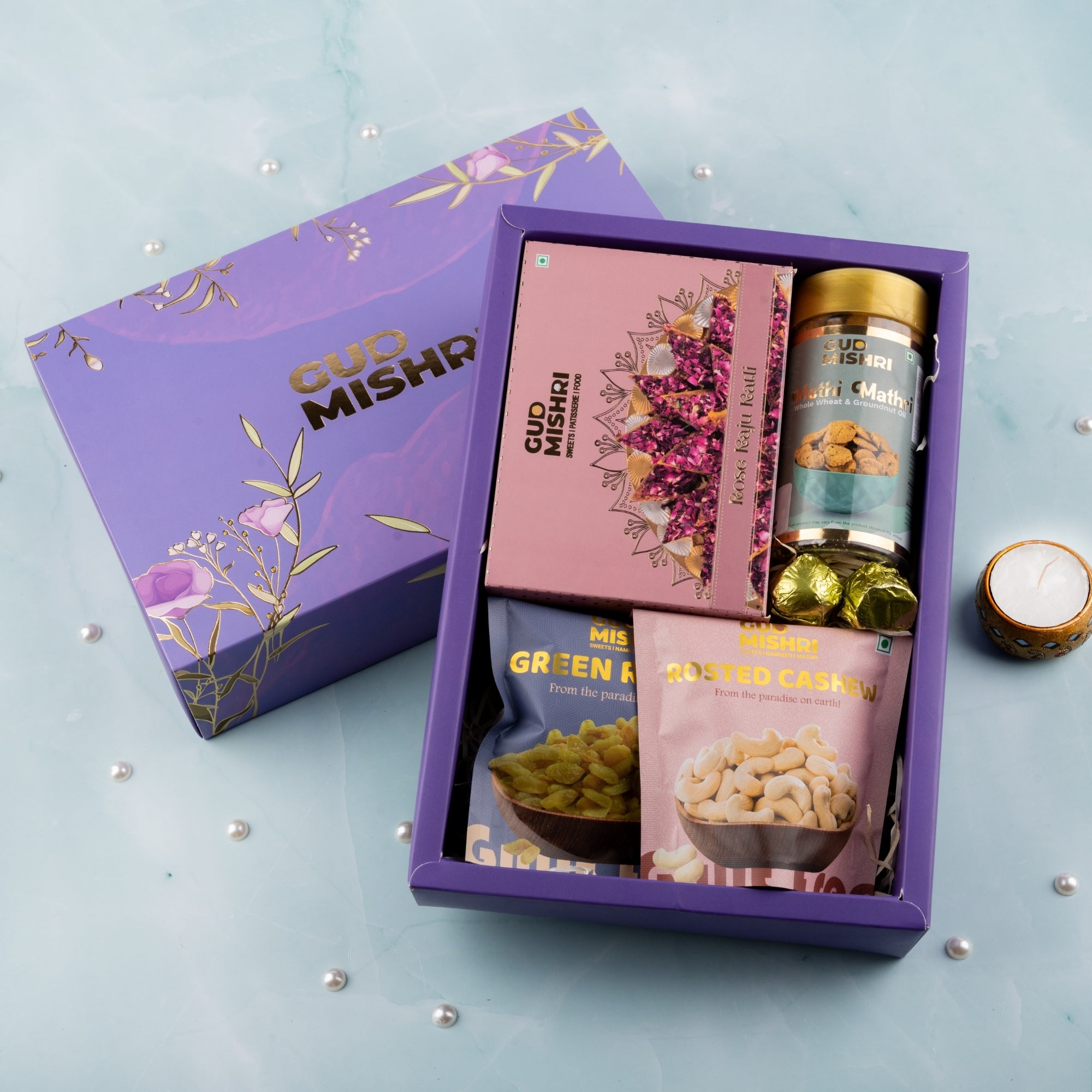 Gud Mishri Diwali Gift Hamper - AP01 | Rose Kaju Katli MAP Box 200gm, Methi Mathri 100gm, Kaju pouch 70gm, Kismis pouch 70gm, Chocolate 25gm| Premium Festive Gift Box - Gud Mishri