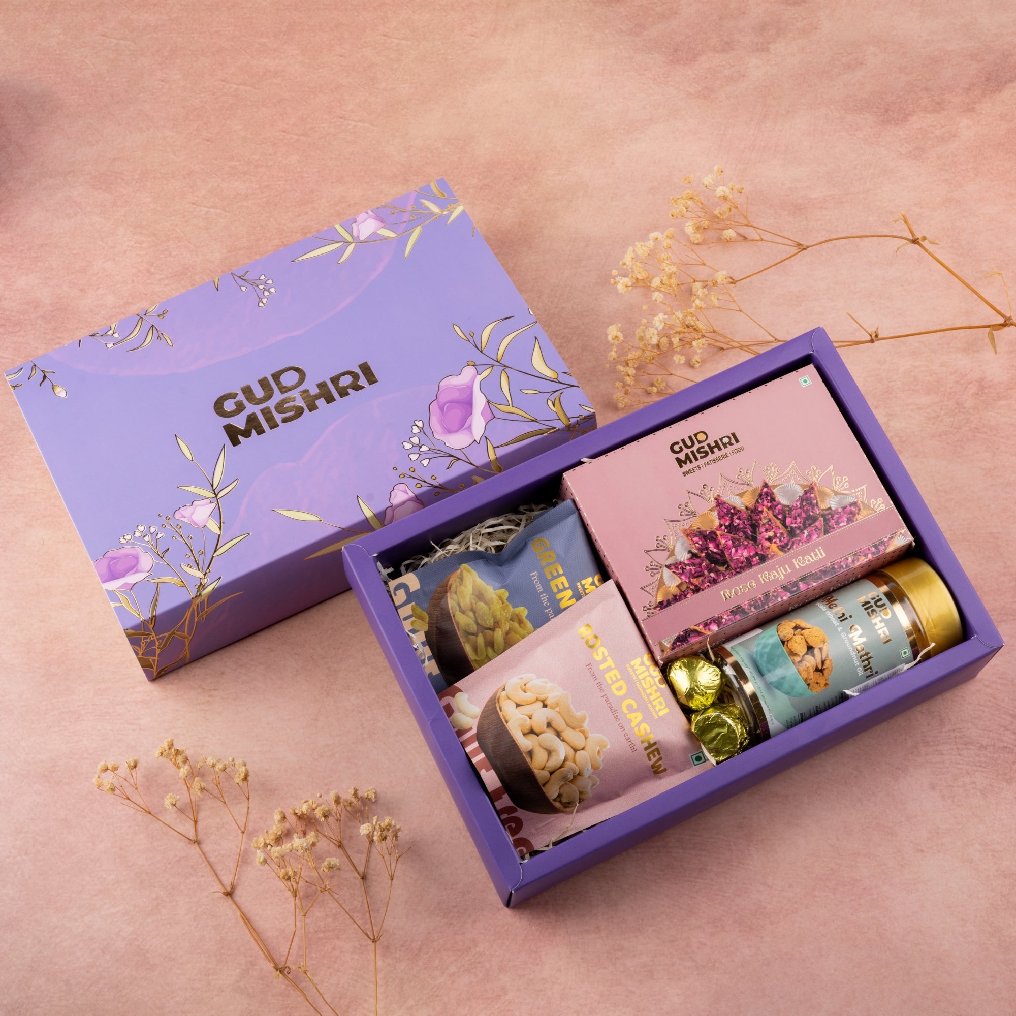 Gud Mishri Diwali Gift Hamper - AP01 | Rose Kaju Katli MAP Box 200gm, Methi Mathri 100gm, Kaju pouch 70gm, Kismis pouch 70gm, Chocolate 25gm| Premium Festive Gift Box - Gud Mishri