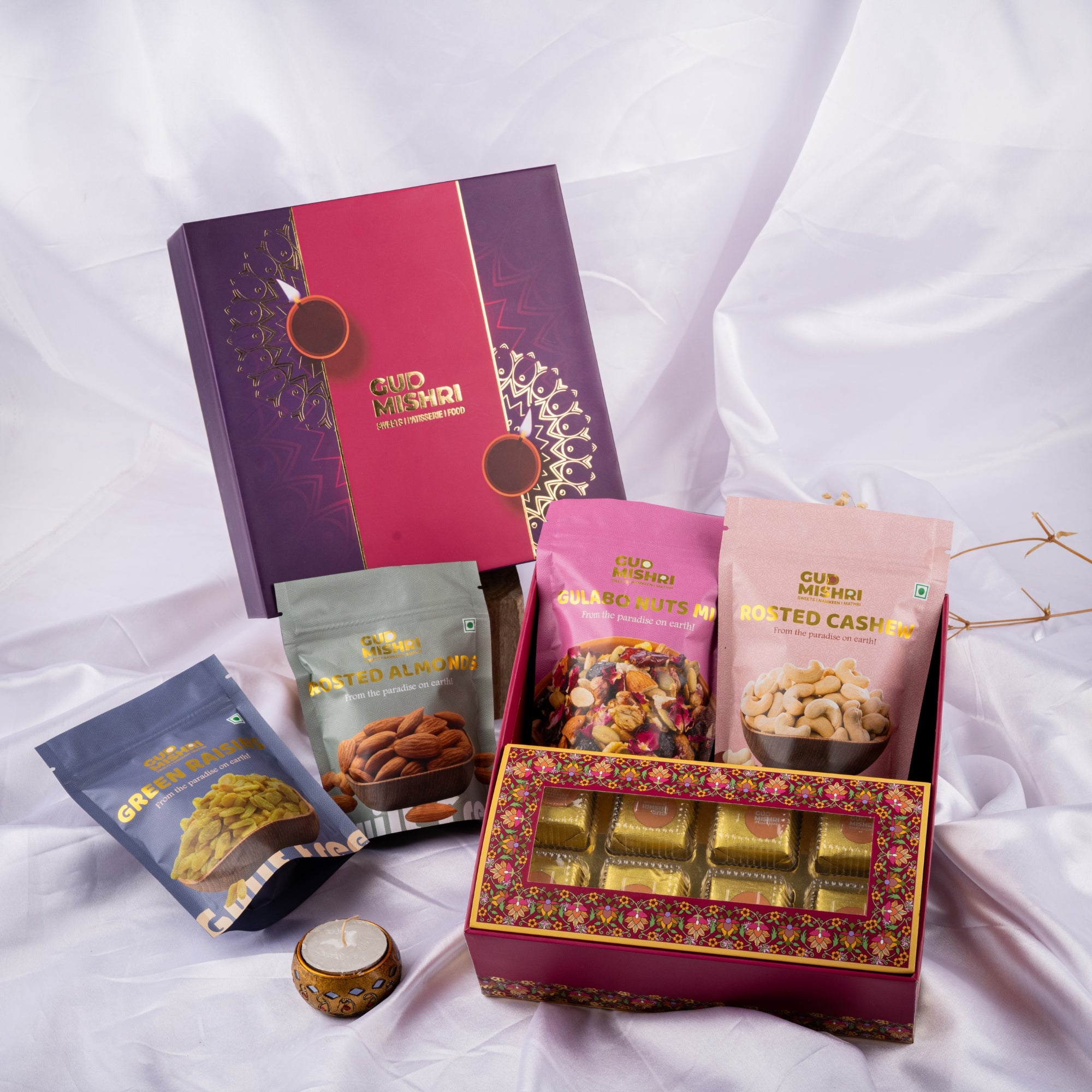 Gud Mishri Diwali Gift Hamper - BB03 | Chana Badam 200 gm, Gulabo 70gm, Kismis 70gm, Roasted Kaju 70gm,  Roasted Badam 70gm| Premium Festive Gift Box - Gud Mishri