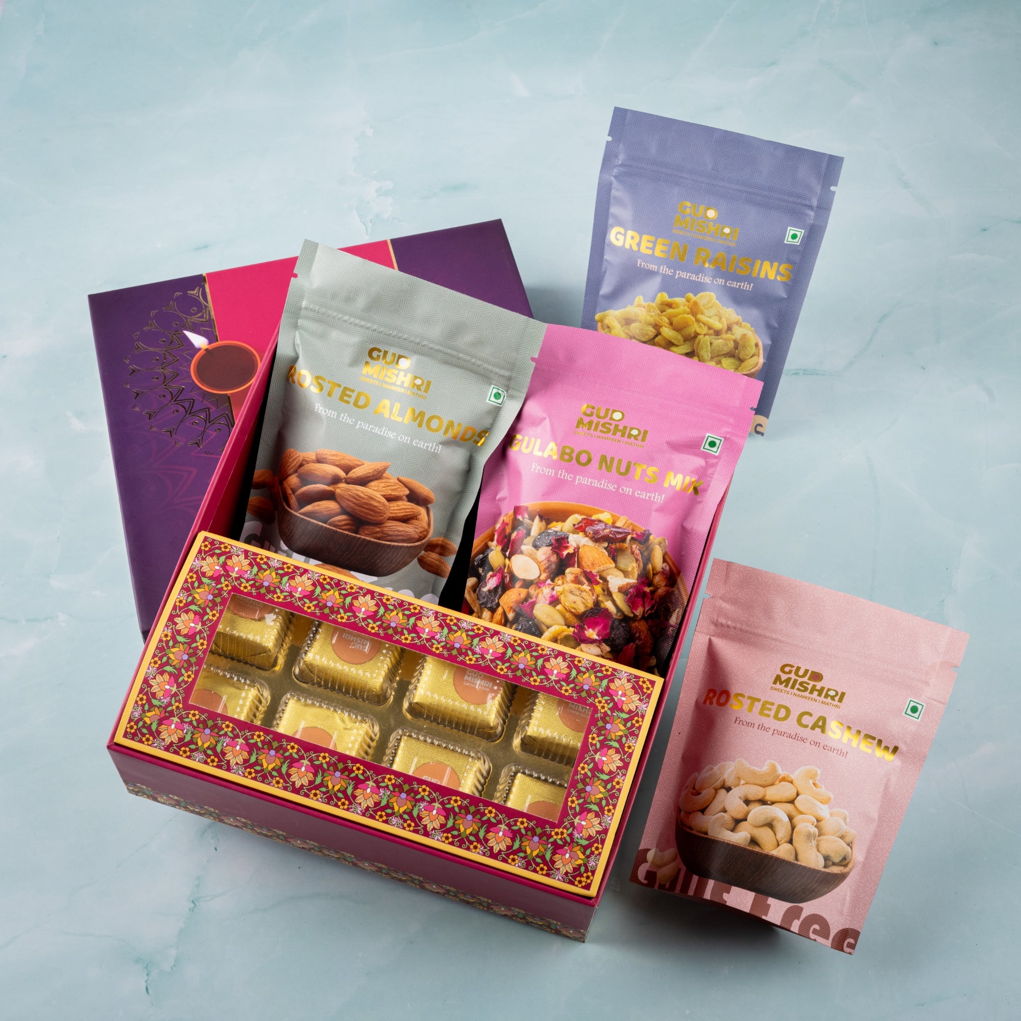 Gud Mishri Diwali Gift Hamper - BB03 | Chana Badam 200 gm, Gulabo 70gm, Kismis 70gm, Roasted Kaju 70gm,  Roasted Badam 70gm| Premium Festive Gift Box - Gud Mishri