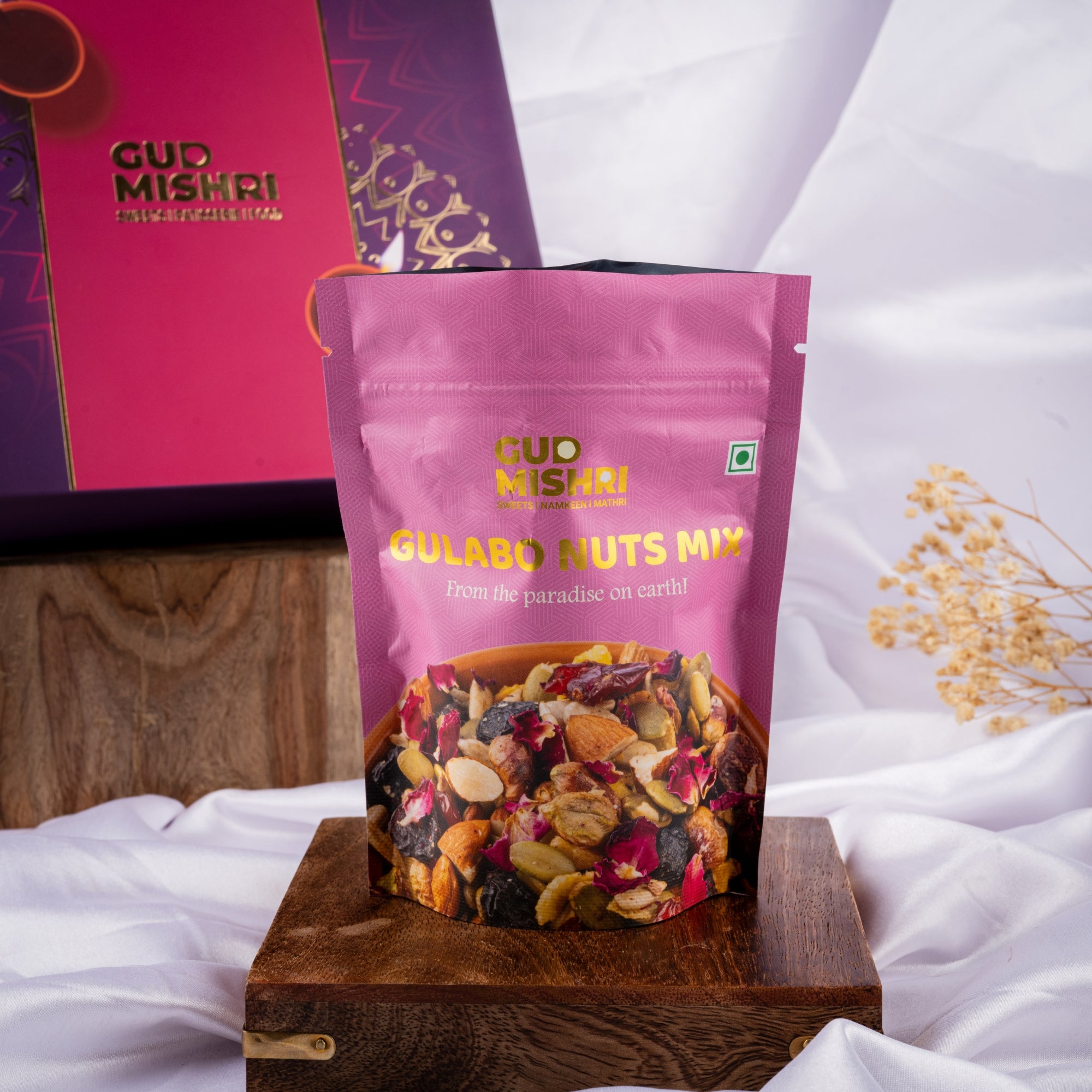 Gud Mishri Diwali Gift Hamper - BB03 | Chana Badam 200 gm, Gulabo 70gm, Kismis 70gm, Roasted Kaju 70gm,  Roasted Badam 70gm| Premium Festive Gift Box - Gud Mishri