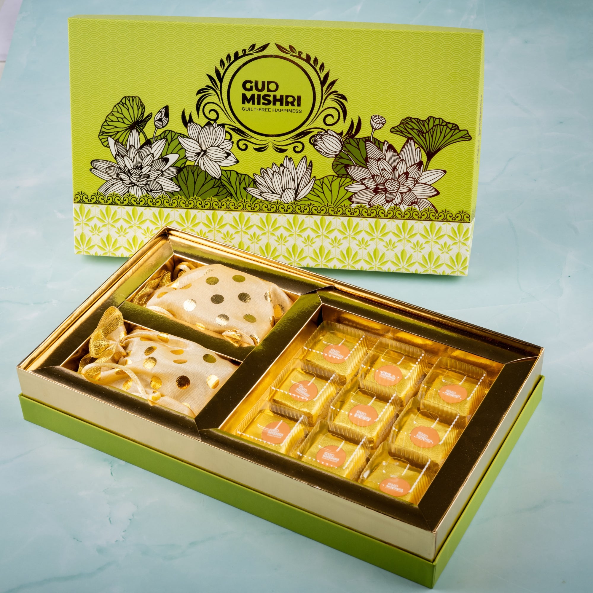 Gud Mishri Diwali Gift Hamper - BB01 | Chana Badam Mithai 225gm, Raisins 70gm, Mix Nuts 70gm | Premium Festive Gift Box - Gud Mishri