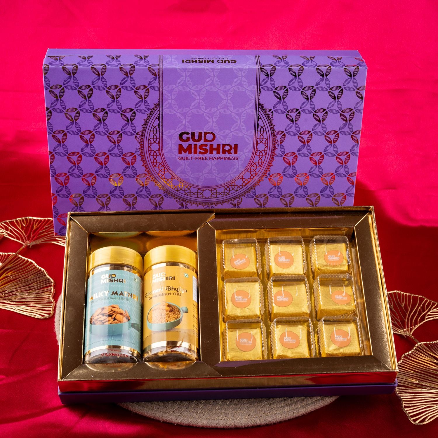 Gud Mishri Diwali Gift Hamper - BB02 | Chana Badam Mithai 225gm, Bikaneri Bhujiya 70gm, Milky Mathri 100gm  | Premium Festive Gift Box - Gud Mishri