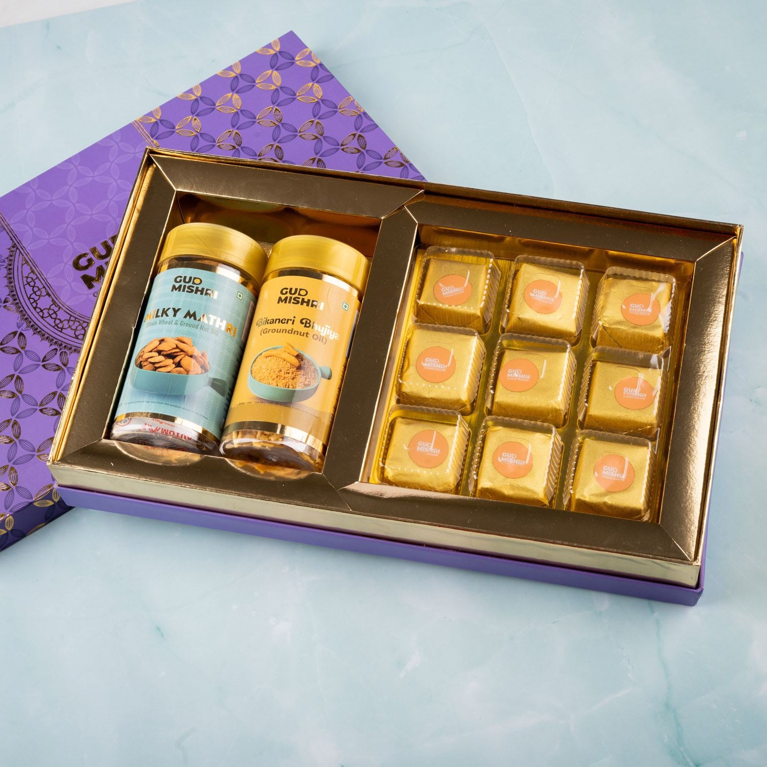 Gud Mishri Diwali Gift Hamper - BB02 | Chana Badam Mithai 225gm, Bikaneri Bhujiya 70gm, Milky Mathri 100gm  | Premium Festive Gift Box - Gud Mishri