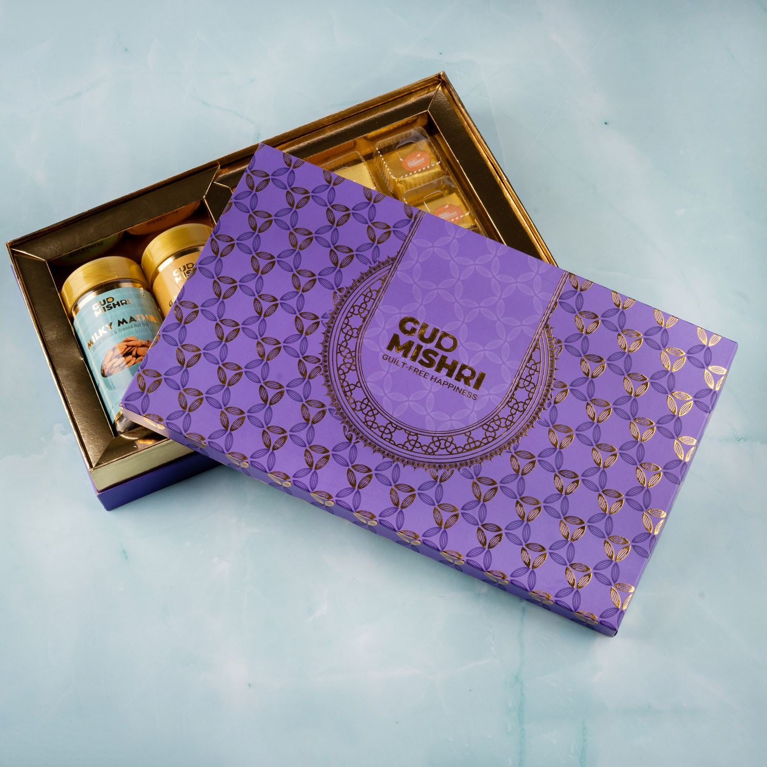 Gud Mishri Diwali Gift Hamper - BB02 | Chana Badam Mithai 225gm, Bikaneri Bhujiya 70gm, Milky Mathri 100gm  | Premium Festive Gift Box - Gud Mishri