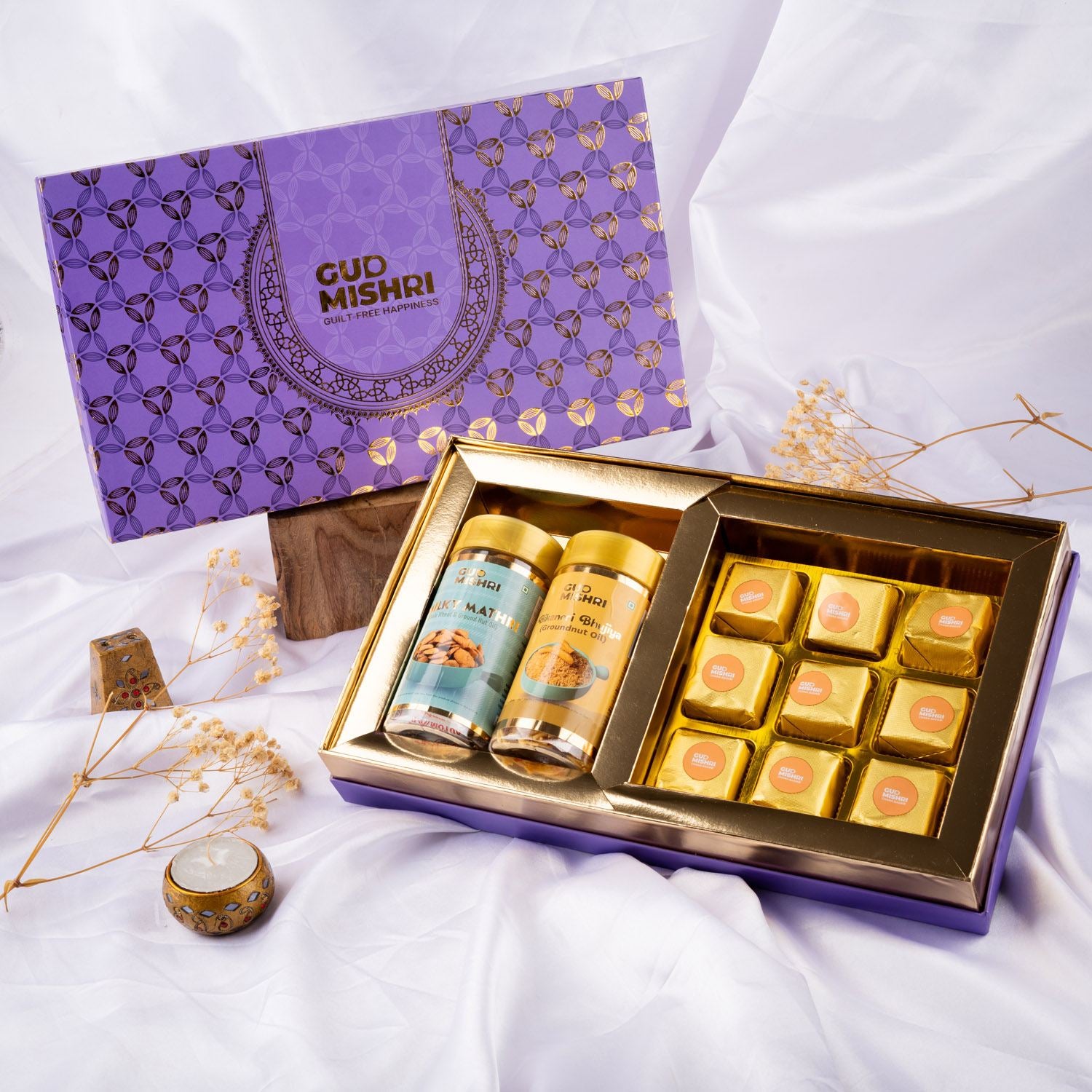 Gud Mishri Diwali Gift Hamper - BB02 | Chana Badam Mithai 225gm, Bikaneri Bhujiya 70gm, Milky Mathri 100gm  | Premium Festive Gift Box - Gud Mishri