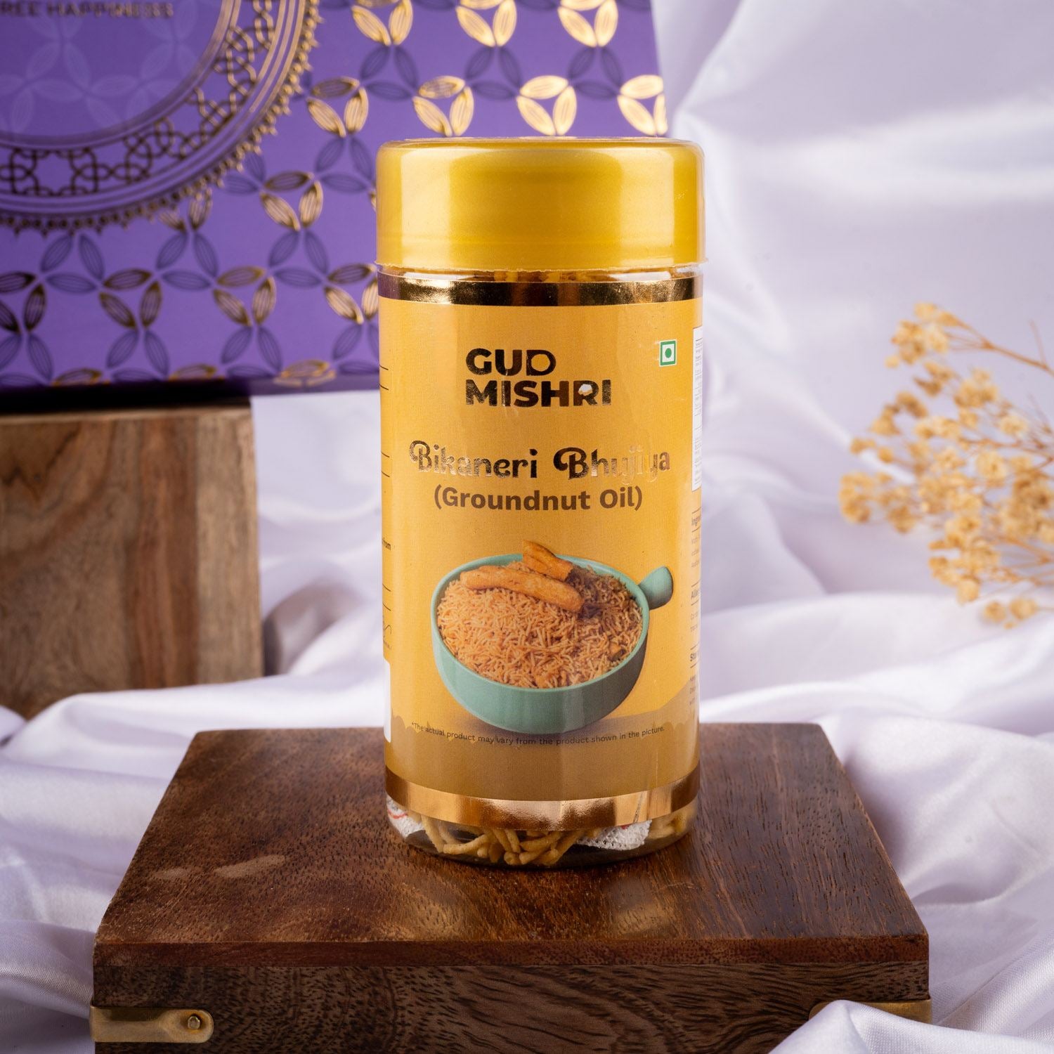 Gud Mishri Diwali Gift Hamper - BB02 | Chana Badam Mithai 225gm, Bikaneri Bhujiya 70gm, Milky Mathri 100gm  | Premium Festive Gift Box - Gud Mishri