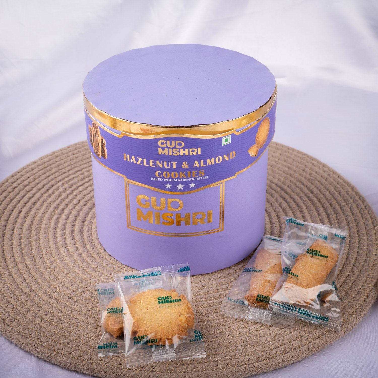 Hazelnut & Almond Cookies Round Tube Box  (500gm) - Gud Mishri