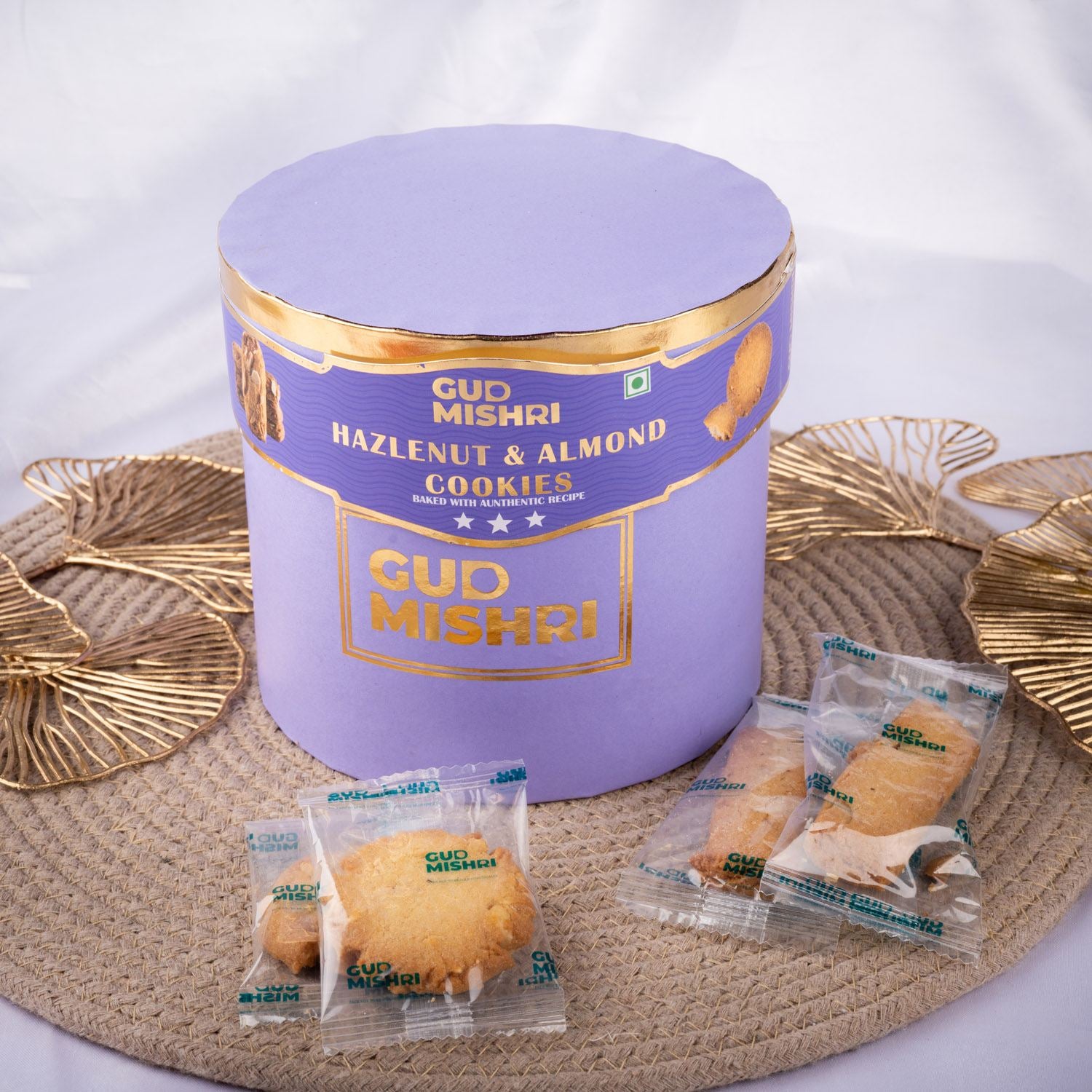 Hazelnut & Almond Cookies Round Tube Box  (500gm) - Gud Mishri
