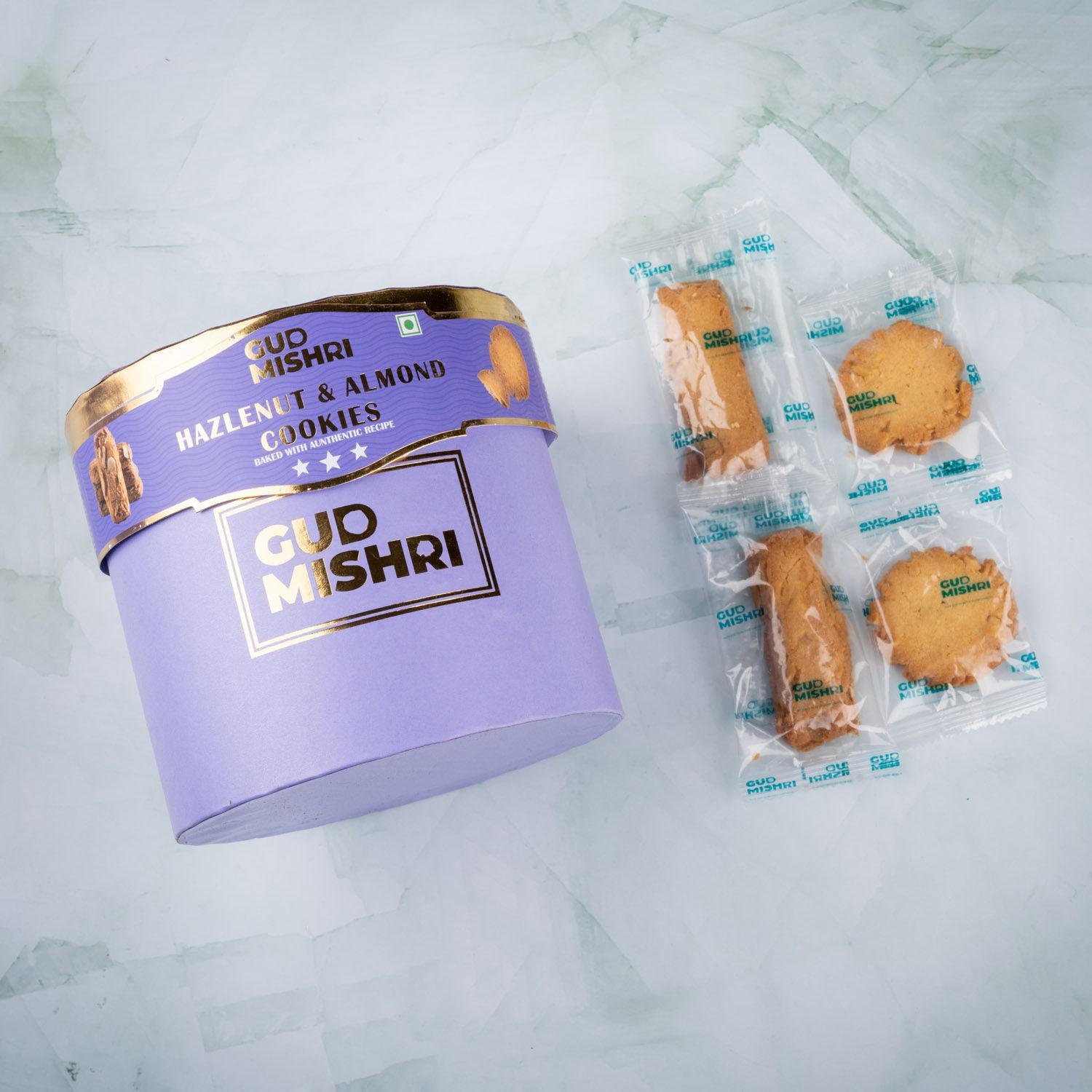 Hazelnut & Almond Cookies Round Tube Box  (500gm) - Gud Mishri