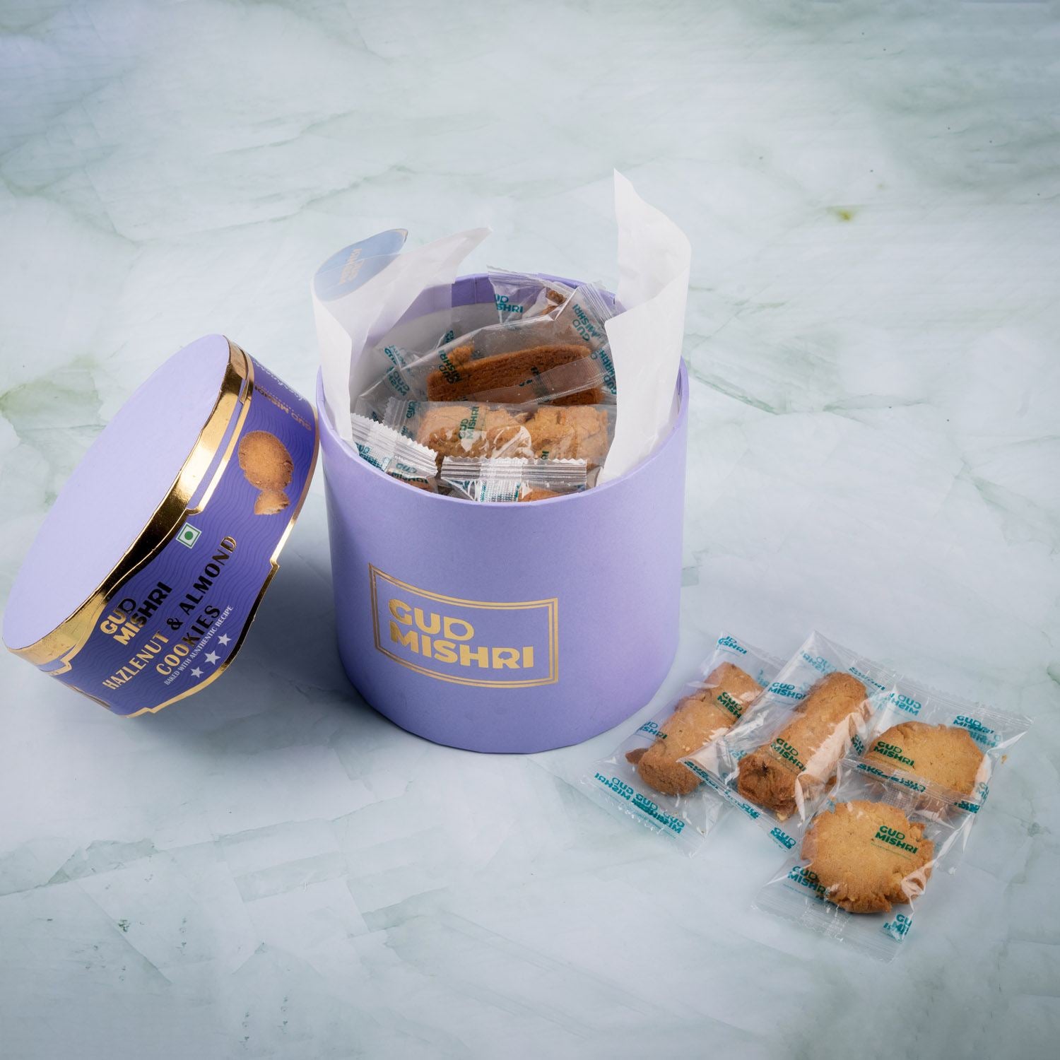 Hazelnut & Almond Cookies Round Tube Box  (500gm) - Gud Mishri