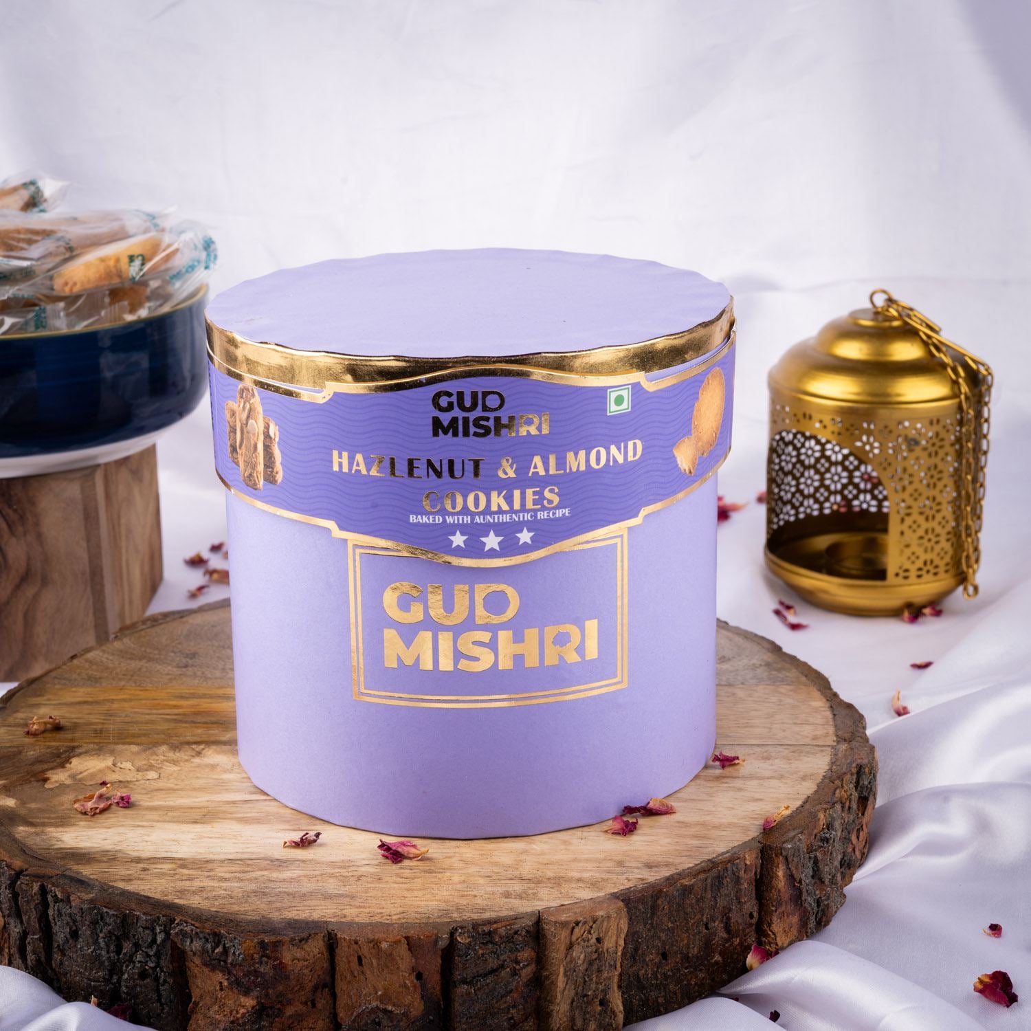 Hazelnut & Almond Cookies Round Tube Box  (500gm) - Gud Mishri